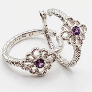 Judith Ripka Amethyst Twisted Hoop Flower Earrings 925 Sterling Silver